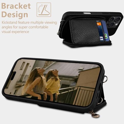 Keallce Case for iPhone 16 Pro 6.3'' Case Wallet, Crossbody Purse with RFID Blocking, Kickstand, Detachable Lanyard & Handstrap, Leather iPhone Cover, Black in Kuwait