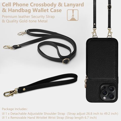 Keallce Case for iPhone 16 Pro 6.3'' Case Wallet, Crossbody Purse with RFID Blocking, Kickstand, Detachable Lanyard & Handstrap, Leather iPhone Cover, Black in Kuwait