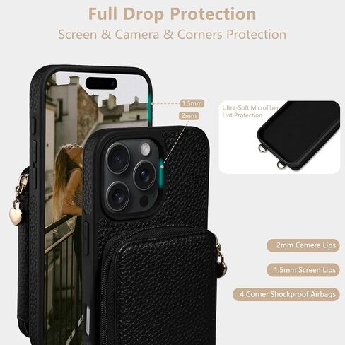 Keallce Case for iPhone 16 Pro 6.3'' Case Wallet, Crossbody Purse with RFID Blocking, Kickstand, Detachable Lanyard & Handstrap, Leather iPhone Cover, Black in Kuwait