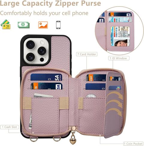 Keallce Case for iPhone 16 Pro 6.3'' Case Wallet, Crossbody Purse with RFID Blocking, Kickstand, Detachable Lanyard & Handstrap, Leather iPhone Cover, Black in Kuwait