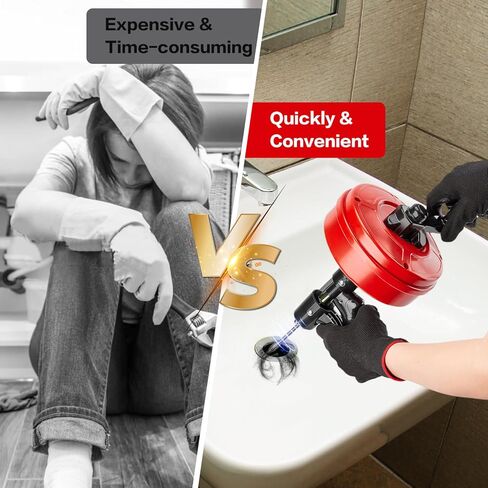 Feeloco السباكة ثعبان استنزاف اوجير، استنزاف تسد إزالة مع محول الحفر يدويا أو استخدام الطاقة، 42ft مرنة ثعبان استنزاف أداة إزالة الشعر لحوض الاستحمام الحمام والمطبخ، ويأتي مع قفازات in Kuwait