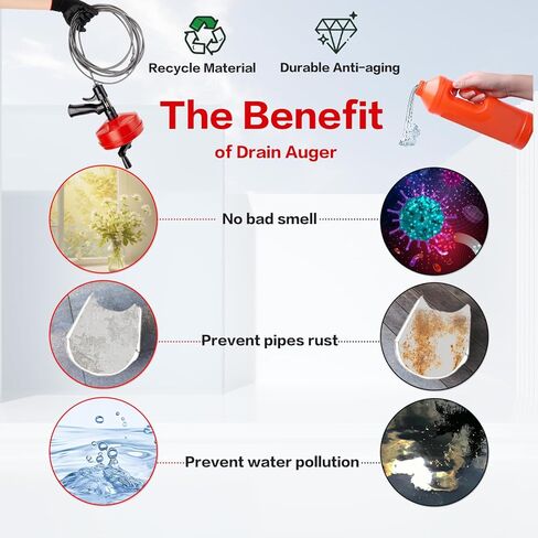 Feeloco السباكة ثعبان استنزاف اوجير، استنزاف تسد إزالة مع محول الحفر يدويا أو استخدام الطاقة، 42ft مرنة ثعبان استنزاف أداة إزالة الشعر لحوض الاستحمام الحمام والمطبخ، ويأتي مع قفازات in Kuwait