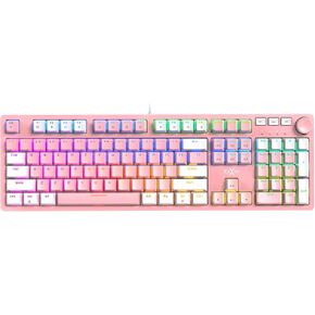 HKM-95 Wired Mechanical Gaming Keyboard, Full-Size RGB Backlit with Media Control Knob, Outemu Switches, USB Plug and Play for PC/Mac/Windows - Pink & White (Clicky Blue Switch) in Saudi Arabia