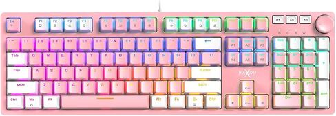 HKM-95 Wired Mechanical Gaming Keyboard, Full-Size RGB Backlit with Media Control Knob, Outemu Switches, USB Plug and Play for PC/Mac/Windows - Pink & White (Clicky Blue Switch) in Saudi Arabia