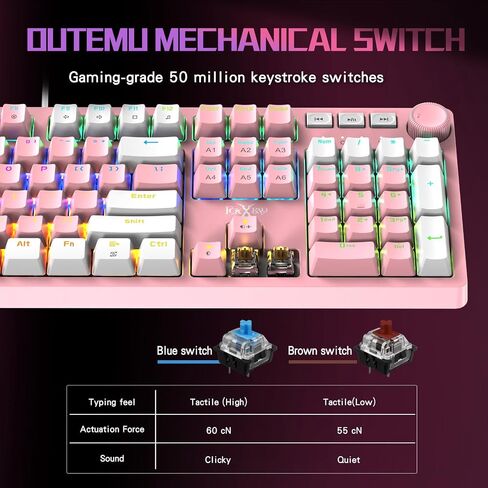 HKM-95 Wired Mechanical Gaming Keyboard, Full-Size RGB Backlit with Media Control Knob, Outemu Switches, USB Plug and Play for PC/Mac/Windows - Pink & White (Clicky Blue Switch) in Saudi Arabia