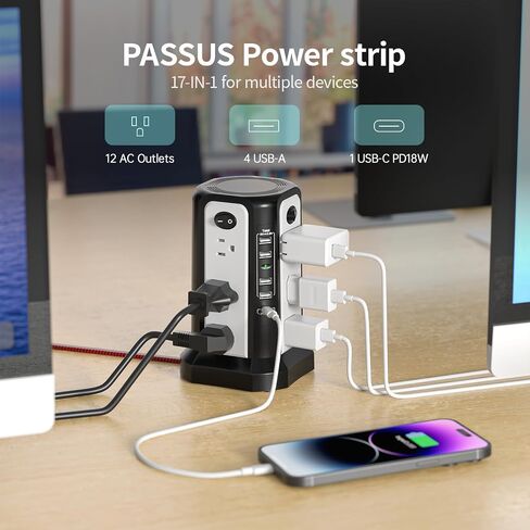 10FT Extension Cord with Multiple Outlets Flat Plug Braided Cord, PASSUS Surge Protector Power Strip with USB C(PD18W) Port,Tower Outlets with USB Ports,Overload Protection for Home Office DormRoom in Kuwait