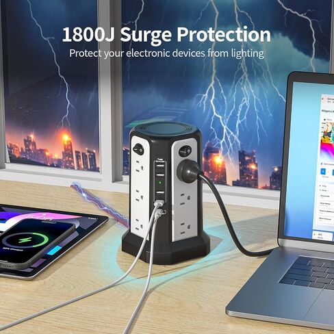 10FT Extension Cord with Multiple Outlets Flat Plug Braided Cord, PASSUS Surge Protector Power Strip with USB C(PD18W) Port,Tower Outlets with USB Ports,Overload Protection for Home Office DormRoom in Kuwait