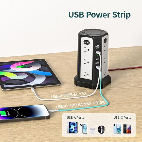 10FT Extension Cord with Multiple Outlets Flat Plug Braided Cord, PASSUS Surge Protector Power Strip with USB C(PD18W) Port,Tower Outlets with USB Ports,Overload Protection for Home Office DormRoom in Kuwait