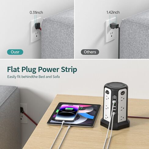 10FT Extension Cord with Multiple Outlets Flat Plug Braided Cord, PASSUS Surge Protector Power Strip with USB C(PD18W) Port,Tower Outlets with USB Ports,Overload Protection for Home Office DormRoom in Kuwait