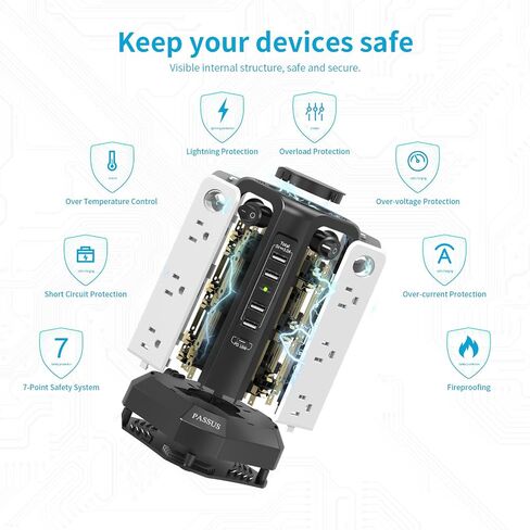 10FT Extension Cord with Multiple Outlets Flat Plug Braided Cord, PASSUS Surge Protector Power Strip with USB C(PD18W) Port,Tower Outlets with USB Ports,Overload Protection for Home Office DormRoom in Kuwait