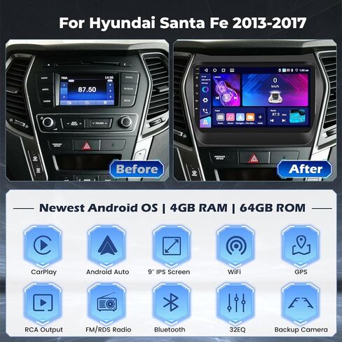 5G WIFI [4+64G] Hikity Android 15 Car Stereo لـ Hyundai Santa Fe 2013-2017 Carplay Wireless Android Auto ، 9 '' IPS Touch Screen Radio Bluetooth Link GPS SWC DSP/FM/RDS/32EQ CAM+MIC in Saudi Arabia