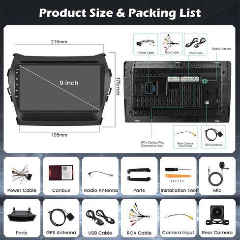 5G WIFI [4+64G] Hikity Android 15 Car Stereo لـ Hyundai Santa Fe 2013-2017 Carplay Wireless Android Auto ، 9 '' IPS Touch Screen Radio Bluetooth Link GPS SWC DSP/FM/RDS/32EQ CAM+MIC in Saudi Arabia