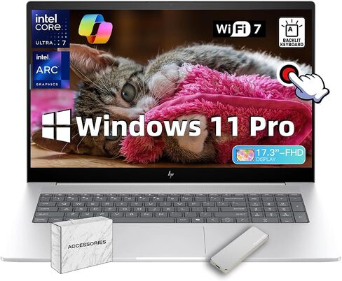HP Envy 17.3 "كمبيوتر محمول متميز-ث/إكسسوارات و 1 تليبل SSD المحمولة ، Intel 16-Core U7-155H ، Wi-Fi 7 ، FHD Touchcreen Display ، Copilot AI ، لوحة المفاتيح الخلفية ، Win 11 Pro (64GB DDR5 ، 4TB SSD) in Kuwait