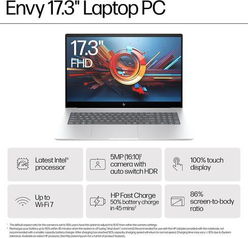 HP Envy 17.3 "كمبيوتر محمول متميز-ث/إكسسوارات و 1 تليبل SSD المحمولة ، Intel 16-Core U7-155H ، Wi-Fi 7 ، FHD Touchcreen Display ، Copilot AI ، لوحة المفاتيح الخلفية ، Win 11 Pro (64GB DDR5 ، 4TB SSD) in Kuwait