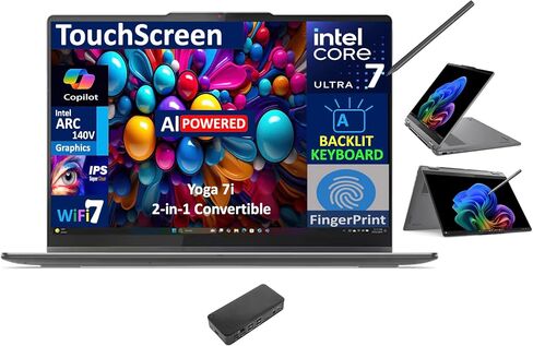 Lenovo Yoga 7i AI PC 2-in-1 LAPTOP 16.0 "شاشة تعمل باللمس IPS Wuxga Display (Intel Ultra 7-256V ، 16GB LPDDR5X ، 1TB SSD ، PEN النشط ، الإضاءة الخلفية KB ، بصمة ، 2 Thunderbolt 4 ، Win 11 Pro) W/USB-C Dock in Kuwait