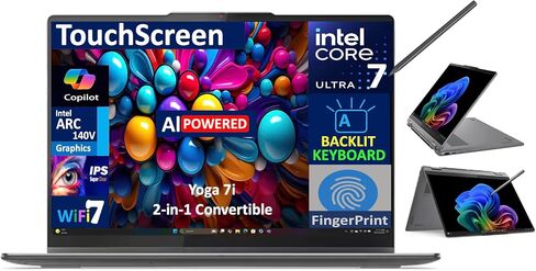 Lenovo Yoga 7i AI PC 2-in-1 LAPTOP 16.0 "شاشة تعمل باللمس IPS Wuxga Display (Intel Ultra 7-256V ، 16GB LPDDR5X ، 1TB SSD ، PEN النشط ، الإضاءة الخلفية KB ، بصمة ، 2 Thunderbolt 4 ، Win 11 Pro) W/USB-C Dock in Kuwait