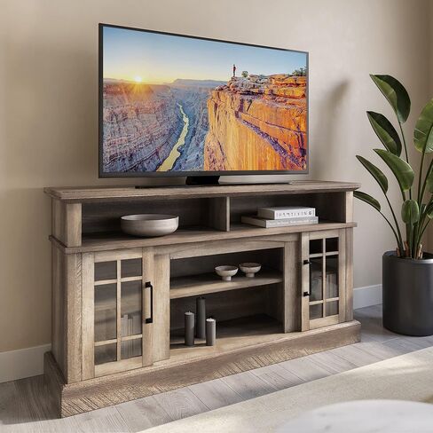 BELLEZE Traditional 58 Inch Rustic Wood TV Stand & Media Entertainment Center Console Table for TVs up to 65 Inches with Open Storage Shelves & Cabinets - Astorga (Gray Wash) in Saudi Arabia