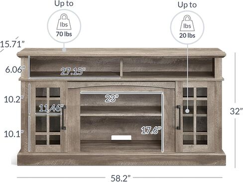 BELLEZE Traditional 58 Inch Rustic Wood TV Stand & Media Entertainment Center Console Table for TVs up to 65 Inches with Open Storage Shelves & Cabinets - Astorga (Gray Wash) in Saudi Arabia