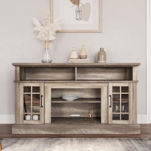 BELLEZE Traditional 58 Inch Rustic Wood TV Stand & Media Entertainment Center Console Table for TVs up to 65 Inches with Open Storage Shelves & Cabinets - Astorga (Gray Wash) in Saudi Arabia