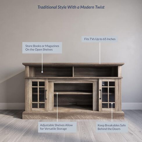 BELLEZE Traditional 58 Inch Rustic Wood TV Stand & Media Entertainment Center Console Table for TVs up to 65 Inches with Open Storage Shelves & Cabinets - Astorga (Gray Wash) in Saudi Arabia