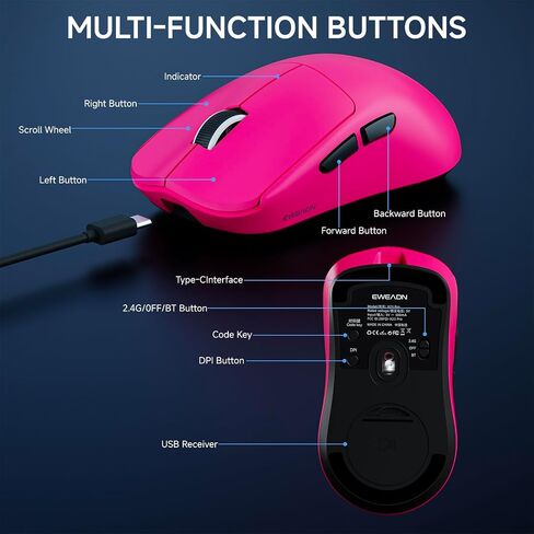 EWEADN X23 Pro Gaming Mouse, Tri-Mode 2.4G/USB-C/BT 5.4 Wireless Mouse, PAW3311 Sensor, 12000 DPI, 59g Lightweight, 1ms Response, Anti-Slip Grip Tape Included Computer Mouse for Laptop/PC/Mac-White in Kuwait