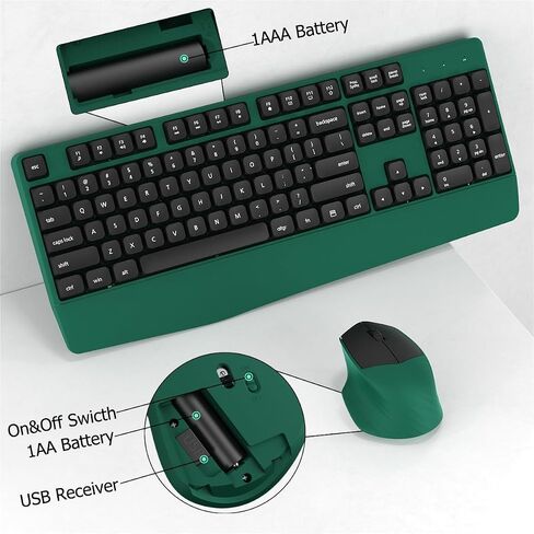 Wireless Keyboard and Mouse Combo, Ergonomic Keyboard with Wrist Rest and Wireless Mouse, 2.4Ghz Wireless Connection, Compatible with PC/Laptop/Windows/Mac for Home and Office Use (Black Green) in Kuwait