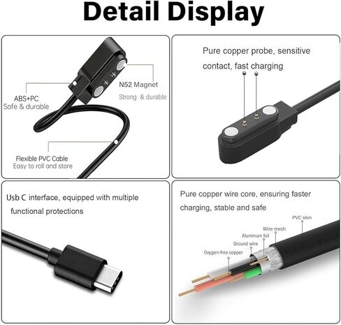 [Type-C] Jrtrack 5 4 شاحن الساعات الذكي ، [2-Pack] لـ Cosmo Jrtrack 5 4 3 2 1 SE Smartwatches استبدال كابل الشحن المغناطيسي USB (Black & Black) in Kuwait