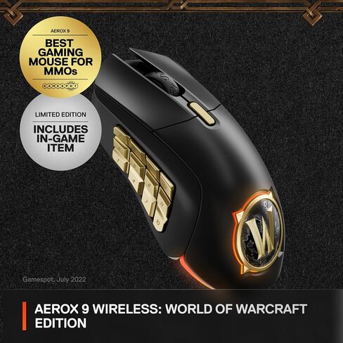 Steelseries Aerox 9 Wireless: World of Warcraft Edition-العنصر المجاني في اللعبة-MMO Gaming Mouse-18 أزرار قابلة للبرمجة-خفيفة الوزن-Bluetooth/2.4 جيجا هرتز-18 كيلو كيلو دبليو دبليو ترويموفي مستشعر (متجدد) (متجدد) in Kuwait