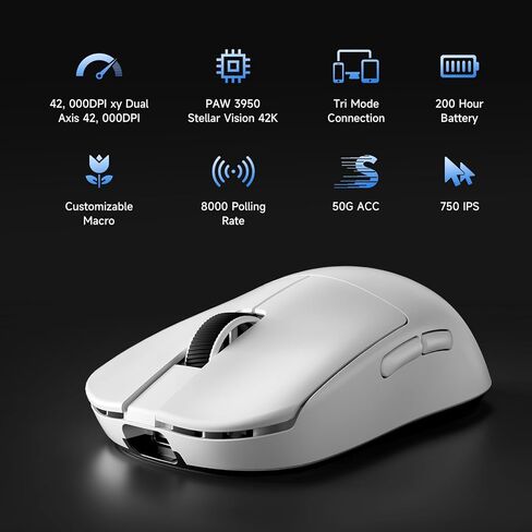 L7 Ultra+ Topspeed اللاسلكي ألعاب اللاسلكي مع مستشعر PAW3950 42K ، 46G خفيفة الوزن ، مفاتيح OMR بصري ، معدل استطلاع 8000 كيلو هرتز 2.4 جيجا هرتز/BT/Wired Tri-Mode 8 عناصر التحكم القابلة للبرمجة (White Plus) in Kuwait
