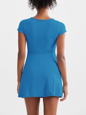 Dokuritu Womens Tennis Dresses Short Sleeve Square Neck 2024 Side Slit Double Lined Golf Athletic Dress with Built in Shorts in Saudi Arabia