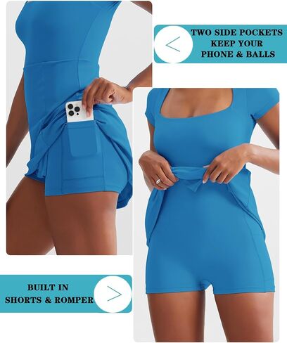 Dokuritu Womens Tennis Dresses Short Sleeve Square Neck 2024 Side Slit Double Lined Golf Athletic Dress with Built in Shorts in Saudi Arabia