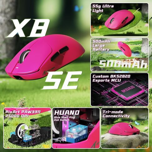 الهجوم Shark X8 SE 55G Superlight Wireless Gaming Mouse ، BK52820 Tri-Mode BT/2.4G Mouse اللاسلكي/السلكي ، 25000DPI ، بطارية 500 مللي أمبير في الساعة ، Med إلى حجم اليد الكبيرة ، 5 أزرار قابلة للبرمجة للكمبيوتر الشخصي/Mac (أبيض) in Saudi Arabia