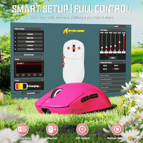الهجوم Shark X8 SE 55G Superlight Wireless Gaming Mouse ، BK52820 Tri-Mode BT/2.4G Mouse اللاسلكي/السلكي ، 25000DPI ، بطارية 500 مللي أمبير في الساعة ، Med إلى حجم اليد الكبيرة ، 5 أزرار قابلة للبرمجة للكمبيوتر الشخصي/Mac (أبيض) in Saudi Arabia