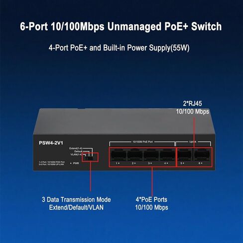 اقرأ HD 6 Port Poe Switch مع 4 منافذ Poe ، 2 Fast Ethernet Uplink ، 10/100 ميجابت في الثانية ، ميزانية طاقة 55W ، دعم IEEE802.3AF/AT ، SLIP & PLAY SLOPLION in Saudi Arabia