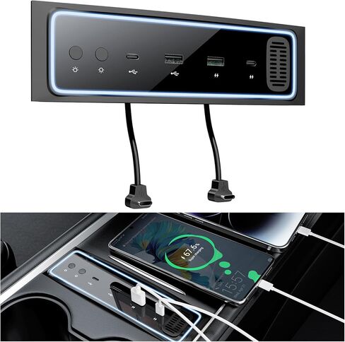 Tesla USB Hub لعام 2021 2022 2023 Tesla Model 3/Y ، محور شاحن USB مع مصباح محيط ومربع رائحة ، محطة لرسو محور USB مع شاحن سريع 4 منافذ 27W (غير مناسب M3 Highland) in Saudi Arabia