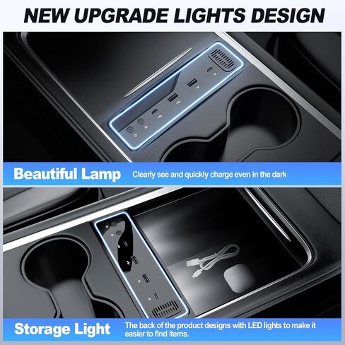 Tesla USB Hub لعام 2021 2022 2023 Tesla Model 3/Y ، محور شاحن USB مع مصباح محيط ومربع رائحة ، محطة لرسو محور USB مع شاحن سريع 4 منافذ 27W (غير مناسب M3 Highland) in Saudi Arabia