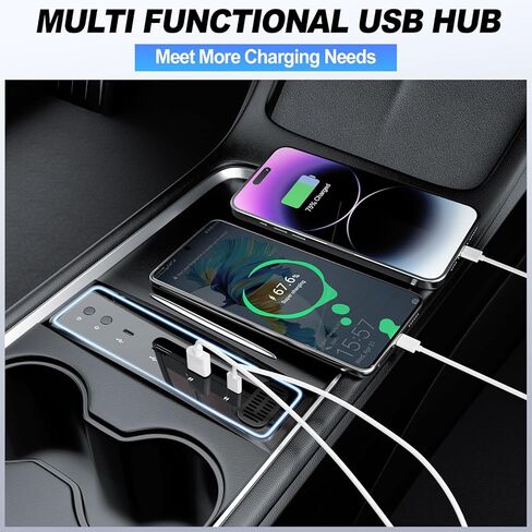 Tesla USB Hub لعام 2021 2022 2023 Tesla Model 3/Y ، محور شاحن USB مع مصباح محيط ومربع رائحة ، محطة لرسو محور USB مع شاحن سريع 4 منافذ 27W (غير مناسب M3 Highland) in Saudi Arabia