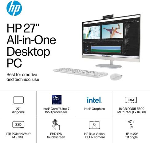 HP 27 "All-in-One كمبيوتر سطح المكتب-FHD Touchscreen • Intel 12-Core Ultra 7 155U • زاوية قابلة للتعديل • WiFi 6 • 1080p كاميرا • KB والماوس اللاسلكي • 64 جيجابايت DDR5 • 2TB SSD • Win11 Pro • W/Accessories in Saudi Arabia