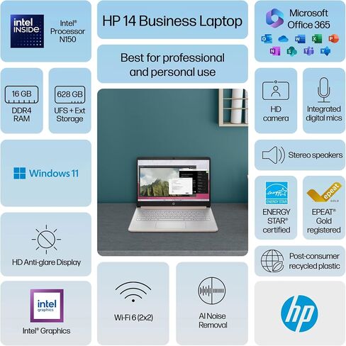 HP 14 كمبيوتر محمول الكمبيوتر 2025 Ultra Light ، AI Copilot Student Business ، intel رباعي النواة ، ذاكرة الوصول العشوائي 16 جيجابايت ، تخزين 628 جيجابايت (128GB UFS+ 500GB EXT) ، 1 YR OFFICE 365 ، 12 HR بطارية MASSOLACCASSORASORY WIN 11S ، LAVENDER in Kuwait