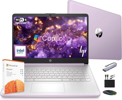 HP 14 كمبيوتر محمول الكمبيوتر 2025 Ultra Light ، AI Copilot Student Business ، intel رباعي النواة ، ذاكرة الوصول العشوائي 16 جيجابايت ، تخزين 628 جيجابايت (128GB UFS+ 500GB EXT) ، 1 YR OFFICE 365 ، 12 HR بطارية MASSOLACCASSORASORY WIN 11S ، LAVENDER in Saudi Arabia