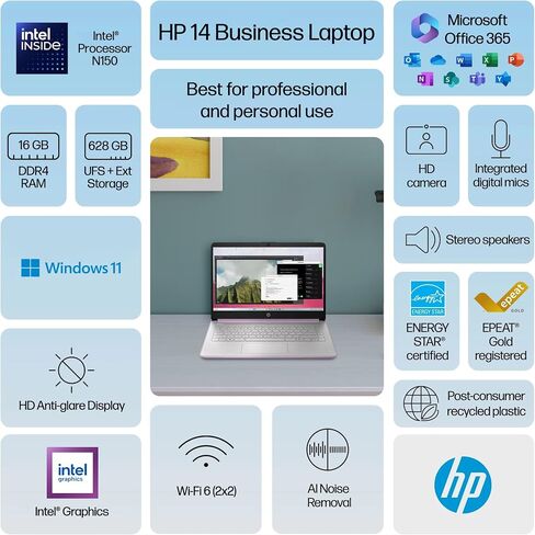 HP 14 كمبيوتر محمول الكمبيوتر 2025 Ultra Light ، AI Copilot Student Business ، intel رباعي النواة ، ذاكرة الوصول العشوائي 16 جيجابايت ، تخزين 628 جيجابايت (128GB UFS+ 500GB EXT) ، 1 YR OFFICE 365 ، 12 HR بطارية MASSOLACCASSORASORY WIN 11S ، LAVENDER in Saudi Arabia