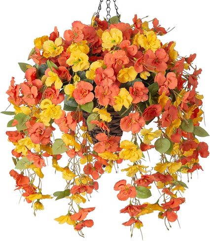 Artificial Fake Hanging Flowers Plants Baskets for Outdoor Spring Summer Decoration, Faux Silk Pink Hibiscus Long Vines in Planter UV Resistant Realistic for Home Porch Outside Garden Yard Patio in Kuwait