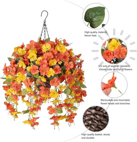 Artificial Fake Hanging Flowers Plants Baskets for Outdoor Spring Summer Decoration, Faux Silk Pink Hibiscus Long Vines in Planter UV Resistant Realistic for Home Porch Outside Garden Yard Patio in Kuwait