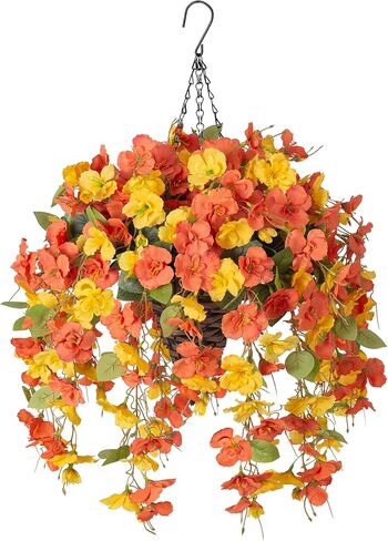 Artificial Fake Hanging Flowers Plants Baskets for Outdoor Spring Summer Decoration, Faux Silk Pink Hibiscus Long Vines in Planter UV Resistant Realistic for Home Porch Outside Garden Yard Patio in Kuwait