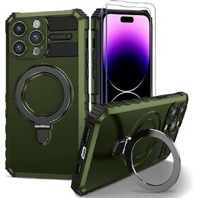 for iPhone 15 Pro Max Magnetic Case [Compatible with MagSafe] with 2 Tempered Glass Screen Protectors with Ring Kickstand,Military Grade Heavy Duty for iPhone 14 Pro Max Case 6.7'' Green in Saudi Arabia