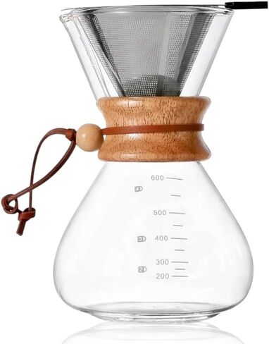 20 Oz Pour over Borosilicate Glass Coffee maker with Stainless Steel Filter and Wooden Collar Holder, Coffee Carafe Brewer for Home & Camping in Saudi Arabia
