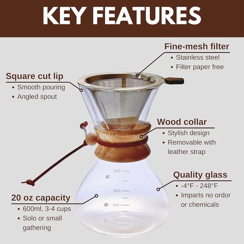 20 Oz Pour over Borosilicate Glass Coffee maker with Stainless Steel Filter and Wooden Collar Holder, Coffee Carafe Brewer for Home & Camping in Saudi Arabia