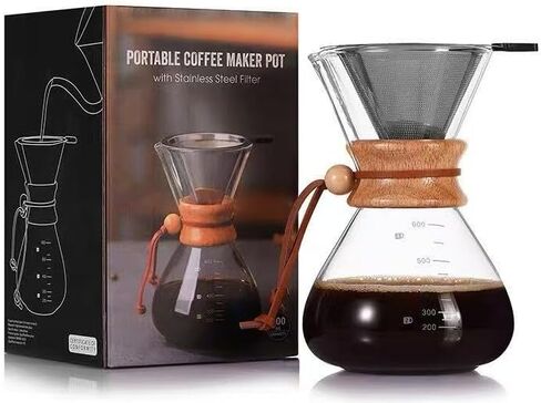 20 Oz Pour over Borosilicate Glass Coffee maker with Stainless Steel Filter and Wooden Collar Holder, Coffee Carafe Brewer for Home & Camping in Saudi Arabia