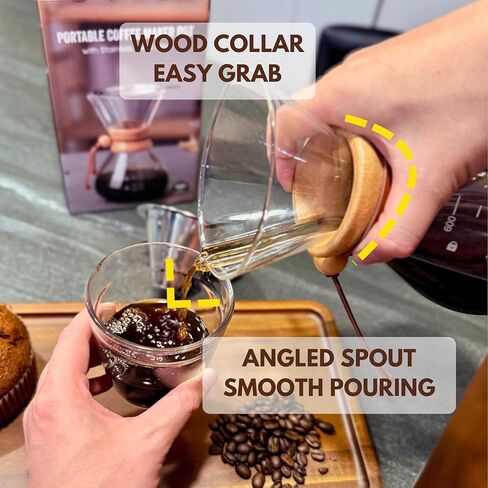 20 Oz Pour over Borosilicate Glass Coffee maker with Stainless Steel Filter and Wooden Collar Holder, Coffee Carafe Brewer for Home & Camping in Saudi Arabia