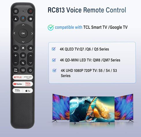 RC813 Voice Remote Control ، من أجل TCL Google TV Remote Control ، يأتي مع 6 مفاتيح اختصار. متوافق مع TCL 4K QLED/UHD/QD-MINI SERIS in Kuwait